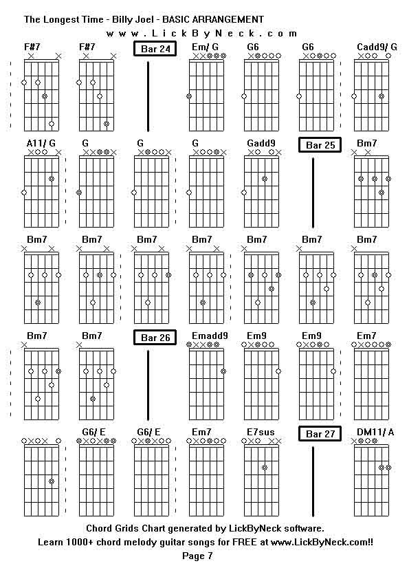 Chord Grids Chart of chord melody fingerstyle guitar song-The Longest Time - Billy Joel - BASIC ARRANGEMENT,generated by LickByNeck software.